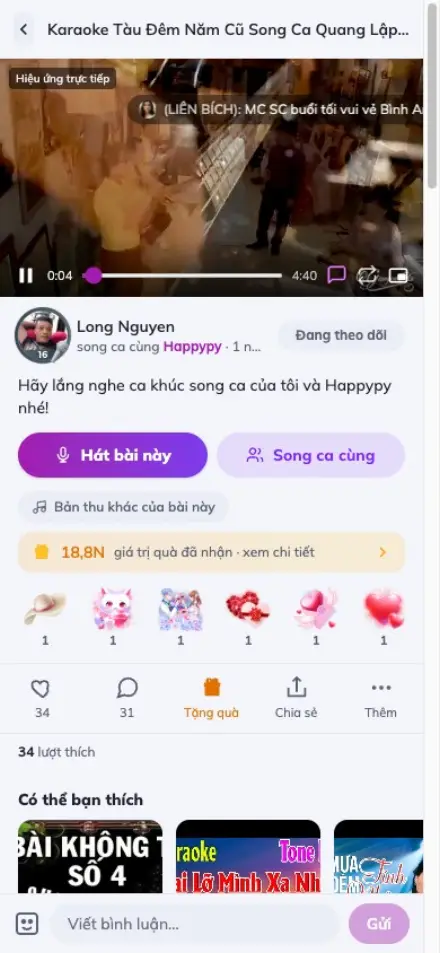 Màn hình hát karaoke và song ca trên MyKara — lời chạy theo nhạc, chấm điểm và tặng quà